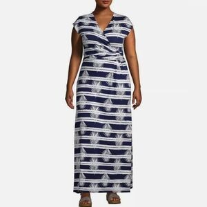 Lands' End Cap Sleeve Surplice Wrap Maxi Dress Blue Stripe Leaf Pattern Size 2X